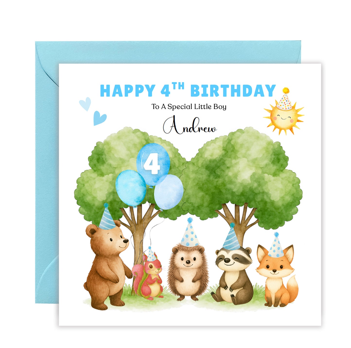 Personalised 4 Years Old 4th Birthday Card for Boys– Forest Animal Design with Custom Name & Message - Age 4 Woodland Birthday Card for Kids, Children, Son, Grandson Nephew with Blue Envelope