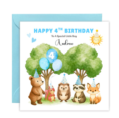 Personalised 4 Years Old 4th Birthday Card for Boys– Forest Animal Design with Custom Name & Message - Age 4 Woodland Birthday Card for Kids, Children, Son, Grandson Nephew with Blue Envelope