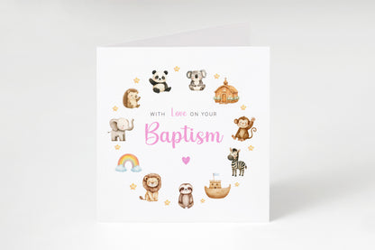 Christening Day/ Baptism Card for Girl – Cute Animals Design – With Love On Your Baptism - Religious Christening Card for Girls, Daughter, Granddaughter, Niece with Pink Envelope
