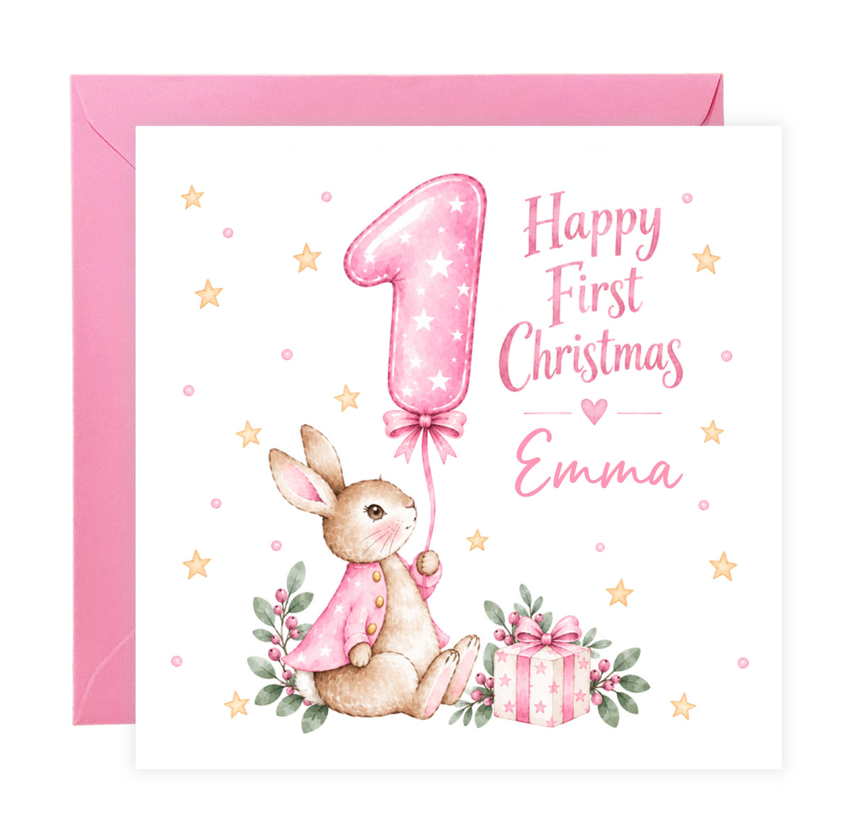 Personalised Baby Girl's First Christmas Card – Pink Cute Bunny Design