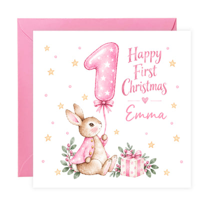 Personalised Baby Girl's First Christmas Card – Pink Cute Bunny Design