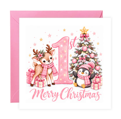 Baby Girl's 1st Christmas Card – Pink Reindeer & Penguin