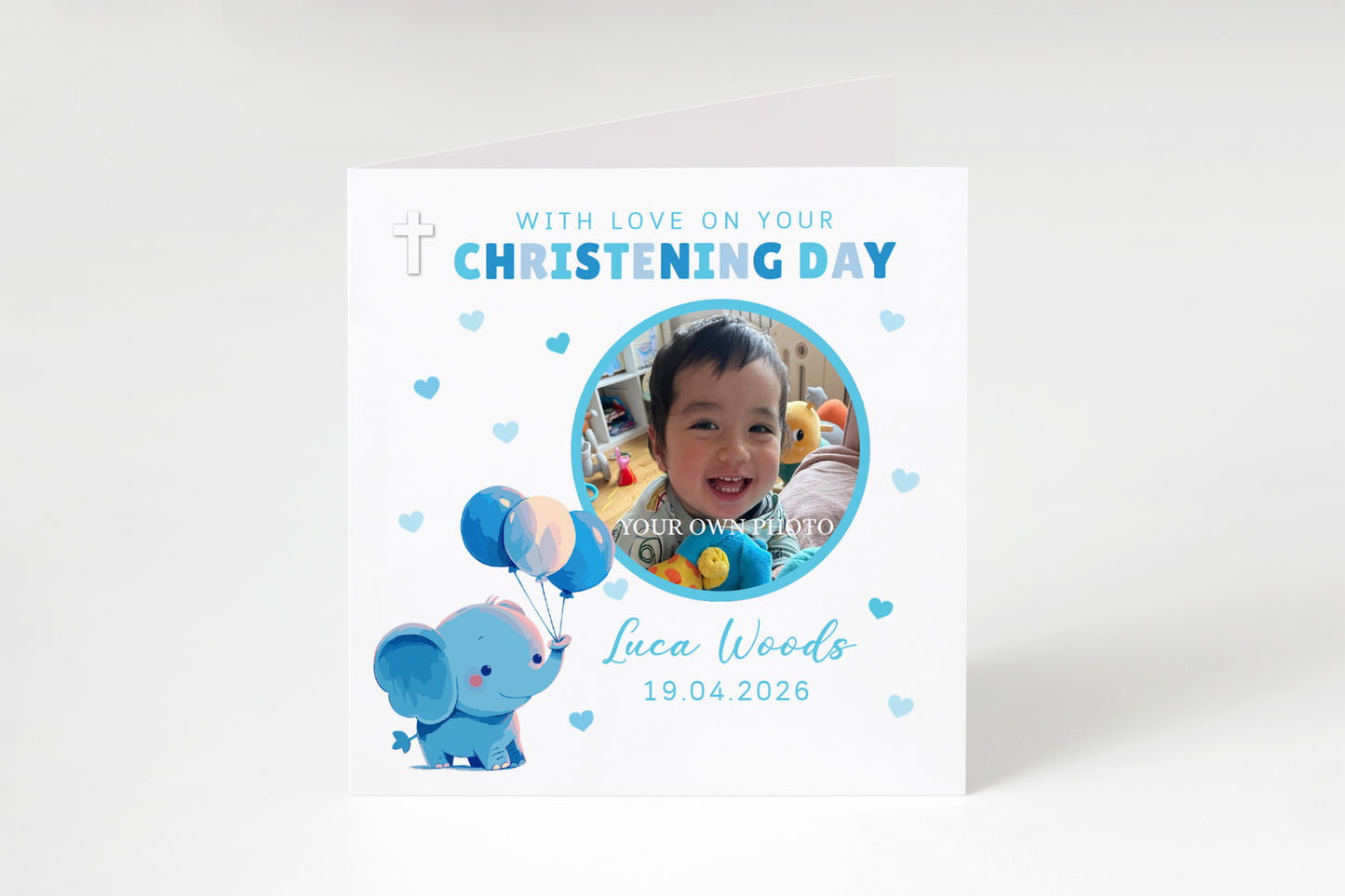 Personalised Photo Christening Card for Boy – Custom Baptism Card with Image, Name & Date -  Cute Blue Elephant Design – Baptism Card for Boys, Son, Grandson, Nephew with Blue Envelope
