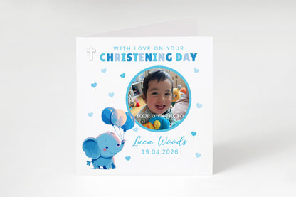 Personalised Photo Christening Card for Boy – Custom Baptism Card with Image, Name & Date -  Cute Blue Elephant Design – Baptism Card for Boys, Son, Grandson, Nephew with Blue Envelope