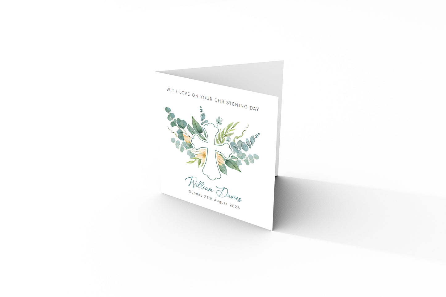 Personalised Christening Card for Boys or Girls – Elegant Greenery Cross Design with Custom Name and Date - Baptism Card for Son, Daughter, Grandson, Granddaughter, Nephew, Niece with Green Envelope