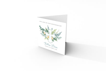 Personalised Christening Card for Boys or Girls – Elegant Greenery Cross Design with Custom Name and Date - Baptism Card for Son, Daughter, Grandson, Granddaughter, Nephew, Niece with Green Envelope