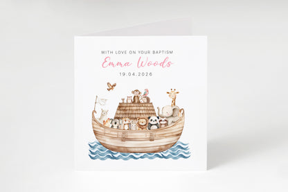 Personalised Christening Card for Girl – Custom Baptism Card with Name & Date - Noah’s Ark Design – Religious Baptism Card for Girls, Daughter, Granddaughter, Niece with Pink Envelope