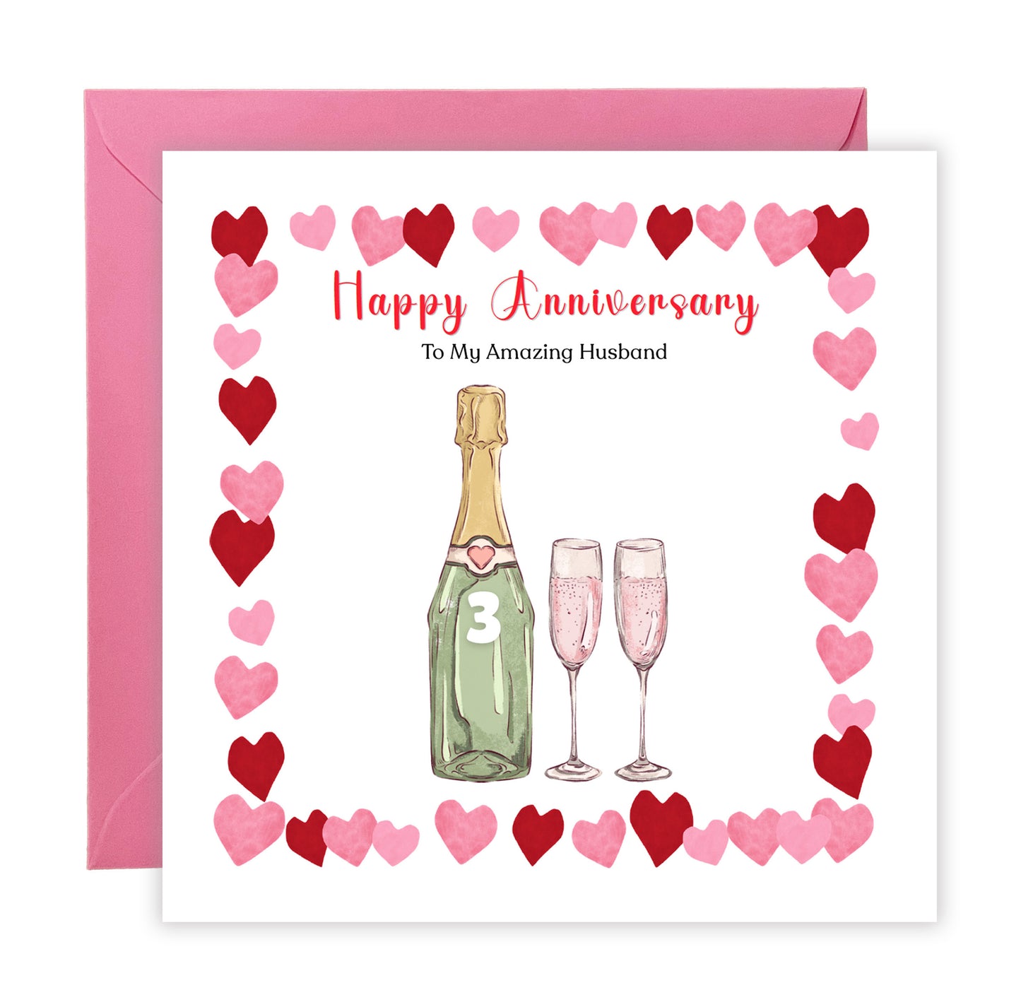 Personalised Anniversary Card - Elegant Prosecco Design - Custom Message and Years of Anniversary  for Wedding, Relationship, Him, Her, Wife, Husband, Partner, Couple - Pink Envelope Included