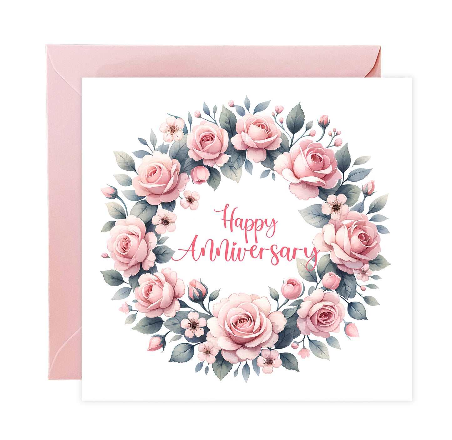 Elegant Floral Happy Anniversary Card - Romantic Pink Rose Wreath Design for Wedding, Dating, Relationship Milestones –1st, 2nd, 3rd, 5th, 10th, 20th - For Him, Her, Wife, Husband, Couples