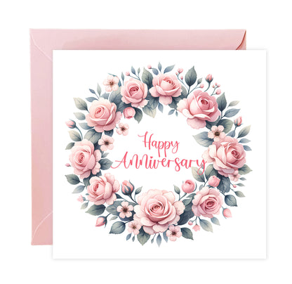 Elegant Floral Happy Anniversary Card - Romantic Pink Rose Wreath Design for Wedding, Dating, Relationship Milestones –1st, 2nd, 3rd, 5th, 10th, 20th - For Him, Her, Wife, Husband, Couples