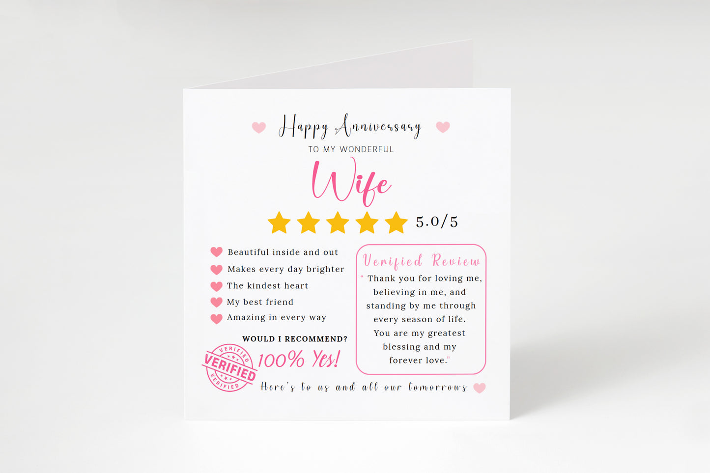 Funny Anniversary Card for Her - 5 Star Review Anniversary Card for Wife, Wedding, Dating, Relationship Milestones 1st, 2nd, 3rd, 5th, 10th, 20th 30th - Pink Envelope Included