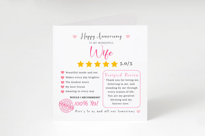 Funny Anniversary Card for Her - 5 Star Review Anniversary Card for Wife, Wedding, Dating, Relationship Milestones 1st, 2nd, 3rd, 5th, 10th, 20th 30th - Pink Envelope Included