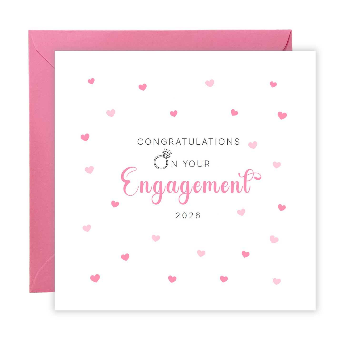 Engagement Card 2026 – Congratulations on Your Engagement Card – Ring and Pink Hearts Design – Romantic Engagement Card for Newly Engaged Couple, Him or Her - Pink Envelope Included