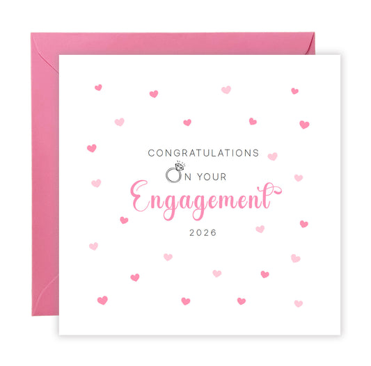 Engagement Card 2026 – Congratulations on Your Engagement Card – Ring and Pink Hearts Design – Romantic Engagement Card for Newly Engaged Couple, Him or Her - Pink Envelope Included