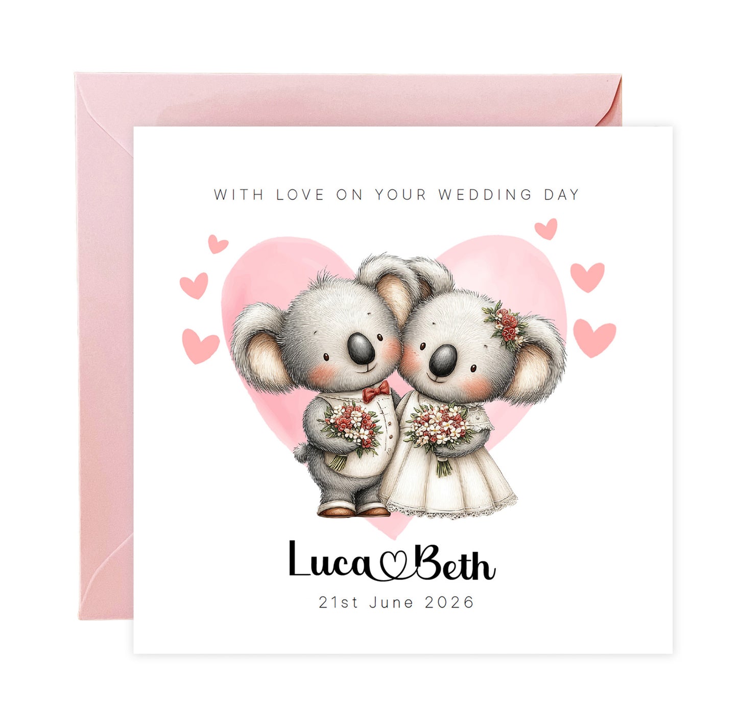 Personalised Wedding Card –with Custom Couple's Names & Wedding Date – Cute Koala Design - Wedding Congratulations Card for Newlywed couples, Animal Lovers, Him or Her - Pink Envelope Included