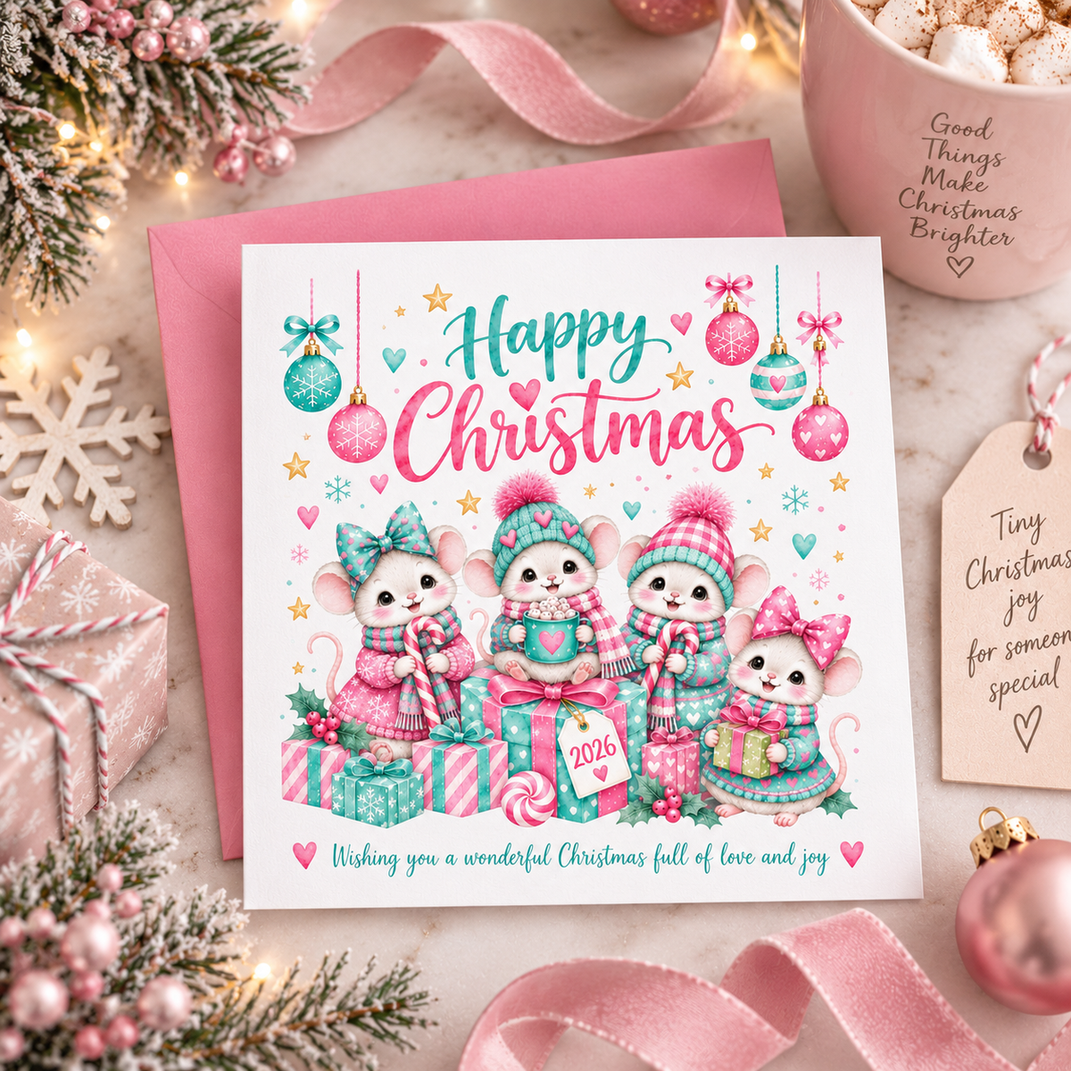 Cute Christmas Card for Girls – Christmas Mice with Pink & Mint Festive Design