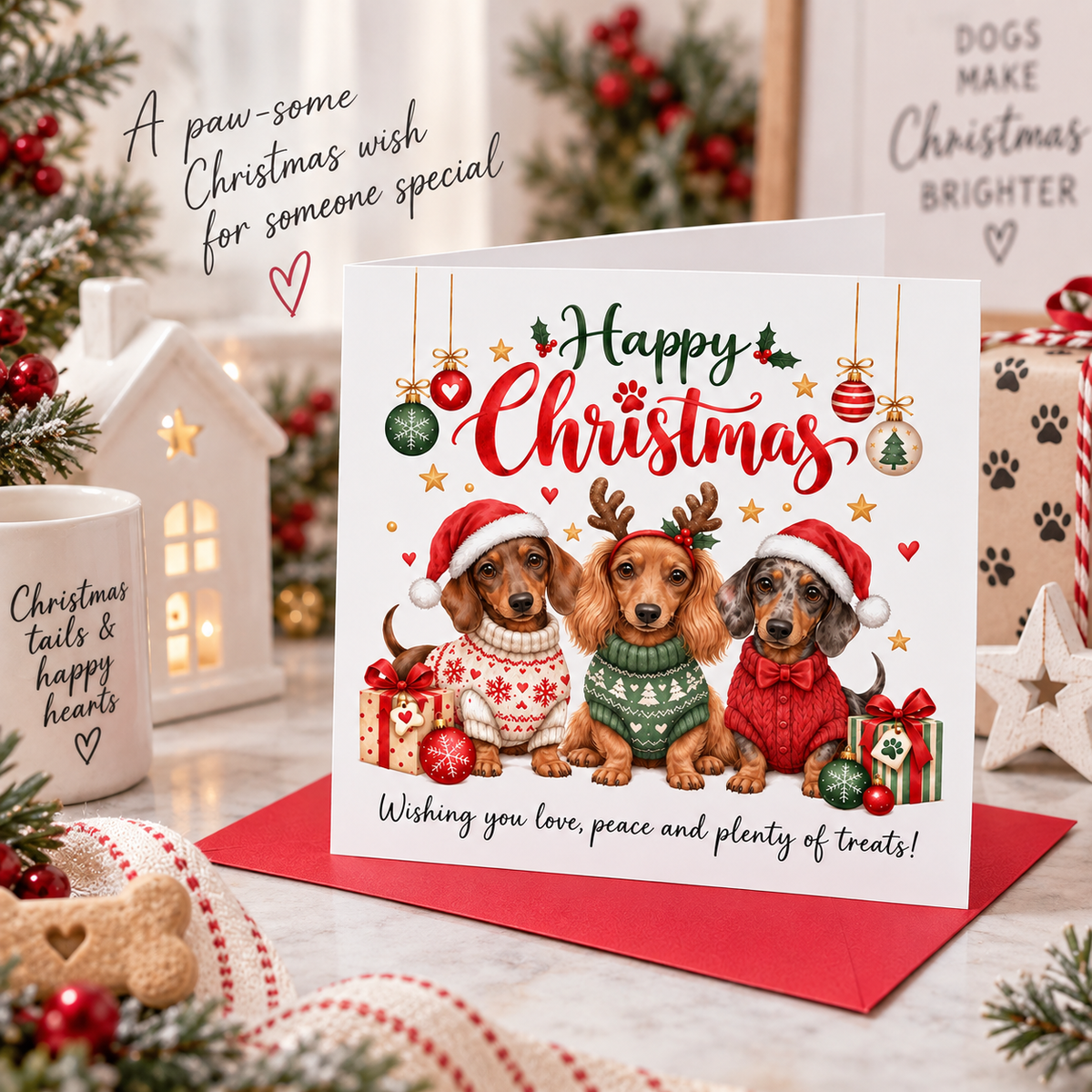 Dachshund Christmas Card for Dog Lovers – Cute Festive Sausage Dogs, Santa & Christmas Design