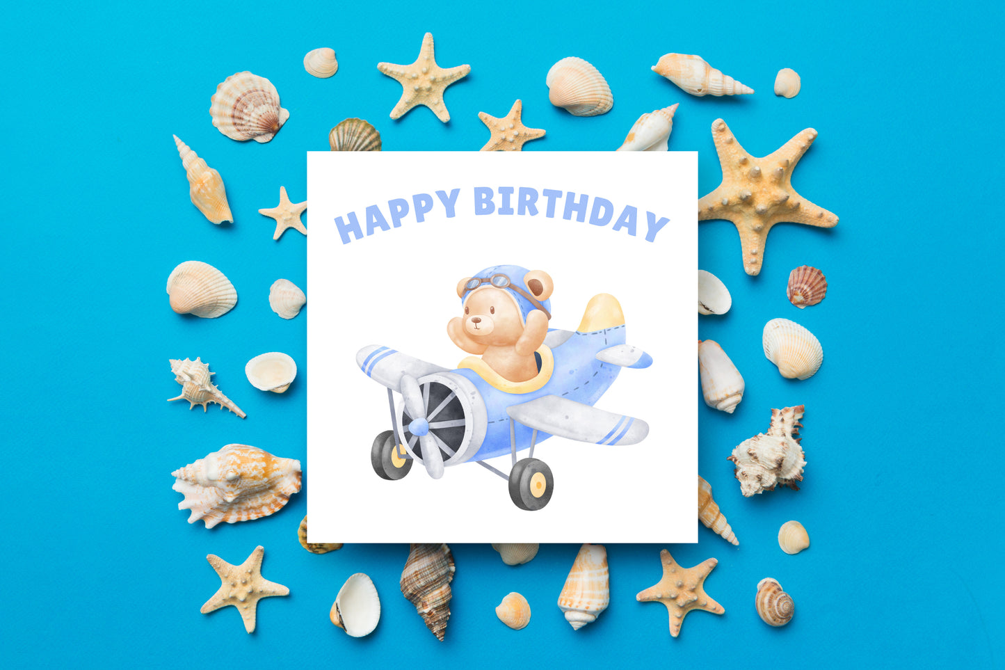 Teddy Bear Pilot in Airplane- Birthday Card for Baby Boy, Son, Grandson, Nephew, Children's Birthday Card – Blue Envelope Included