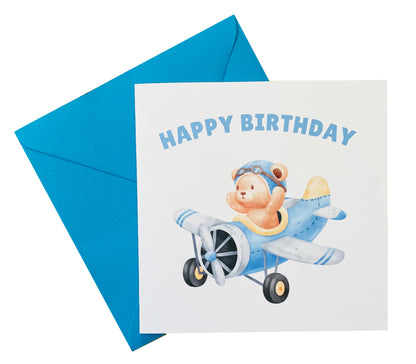 Teddy Bear Pilot in Airplane- Birthday Card for Baby Boy, Son, Grandson, Nephew, Children's Birthday Card – Blue Envelope Included