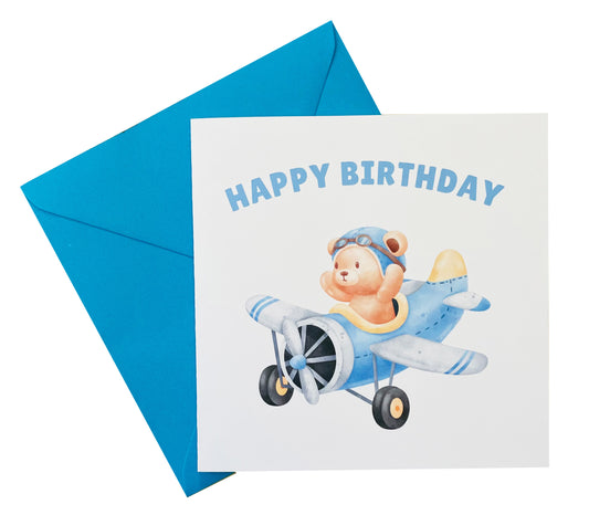 Teddy Bear Pilot in Airplane- Birthday Card for Baby Boy, Son, Grandson, Nephew, Children's Birthday Card – Blue Envelope Included