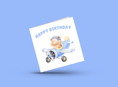 Teddy Bear Pilot in Airplane- Birthday Card for Baby Boy, Son, Grandson, Nephew, Children's Birthday Card – Blue Envelope Included