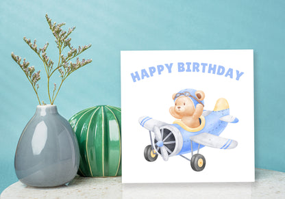 Teddy Bear Pilot in Airplane- Birthday Card for Baby Boy, Son, Grandson, Nephew, Children's Birthday Card – Blue Envelope Included