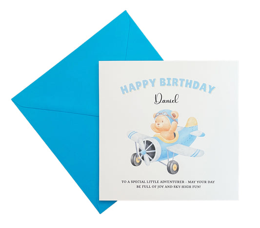 Bear Pilot -Personalised Watercolour Effect Happy Birthday Folded Card for baby Boys, Toddlers, Custom Name & Message Birthday Card, Customisable Birthday Card for Children