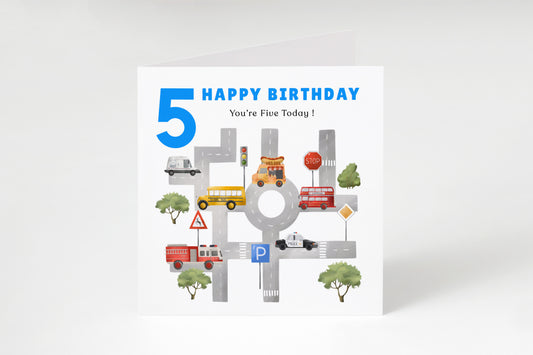 5th Birthday Card for Boys – Cars & Transport Theme Birthday Card for Age 5 Years Old Kids, Children, Boy, Son, Grandson, Nephew – Blue Envelope Included