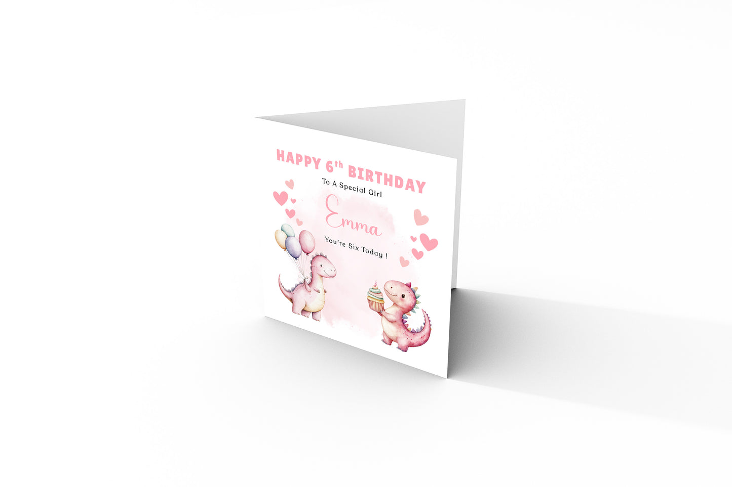 Personalised 6th Birthday Card for Girls – Cute Dinosaurs Design with Custom Name and Message – Age 6 Years Old Birthday Card for Girls, Kids, Daughter, Granddaughter, Niece – Pink Envelope Included