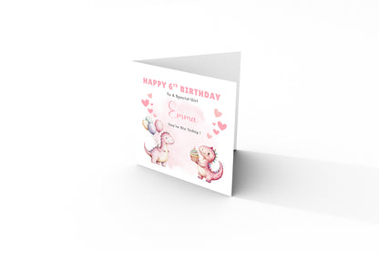 Personalised 6th Birthday Card for Girls – Cute Dinosaurs Design with Custom Name and Message – Age 6 Years Old Birthday Card for Girls, Kids, Daughter, Granddaughter, Niece – Pink Envelope Included