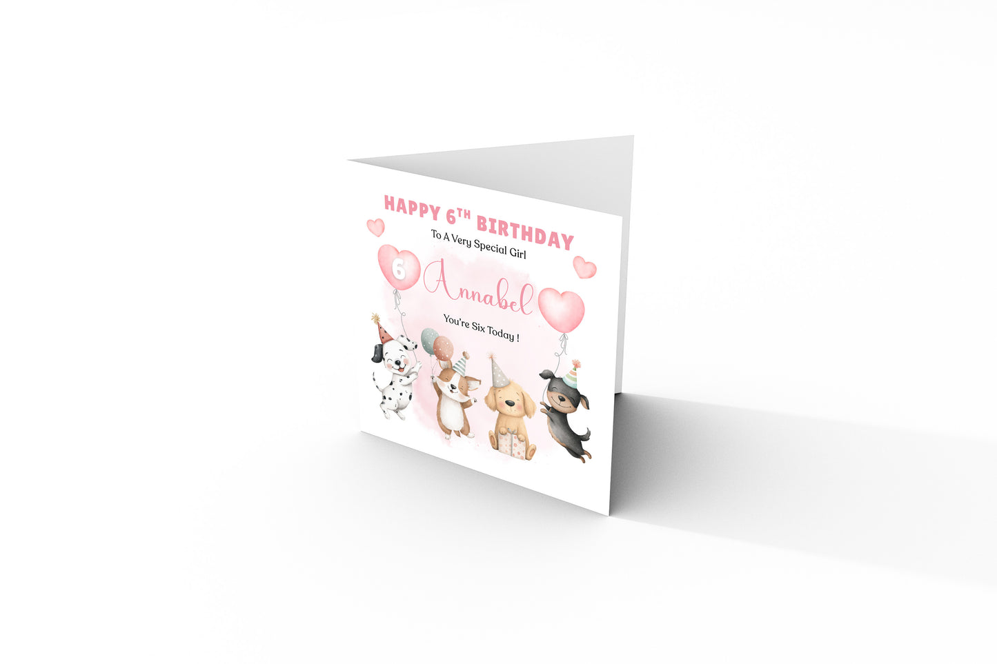 Personalised 6th Birthday Card for Girls – Cute Puppy Dogs Design with Custom Name and Message – Age 6 Years Old Birthday Card for Girls, Kids, Daughter, Granddaughter, Niece – Pink Envelope Included