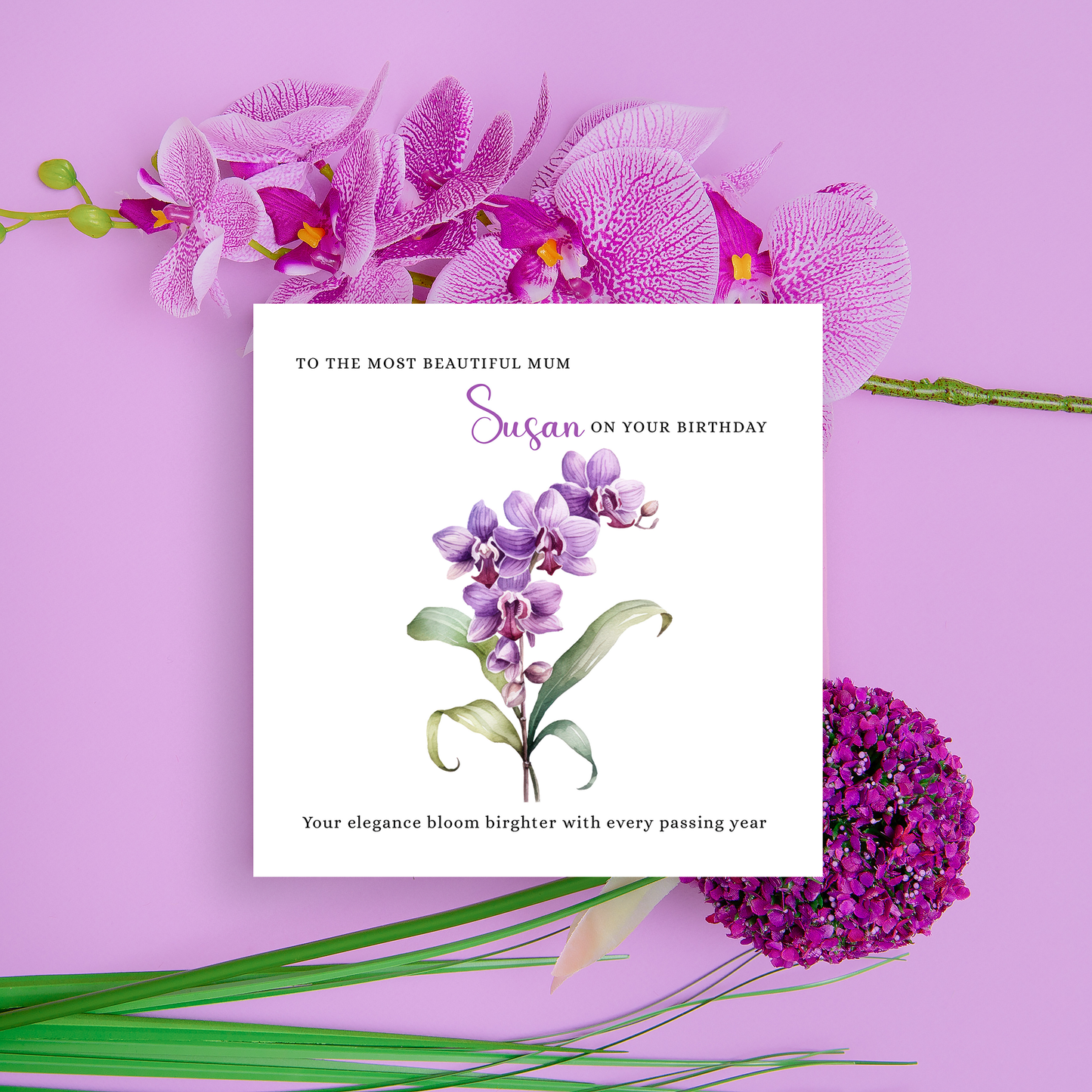 Personalised Mum Birthday Card – Elegant Orchid Flower Design – Custom Name & Message – Handmade Floral Watercolour Card for Mother, Mummy, Mam – Purple Envelope Included