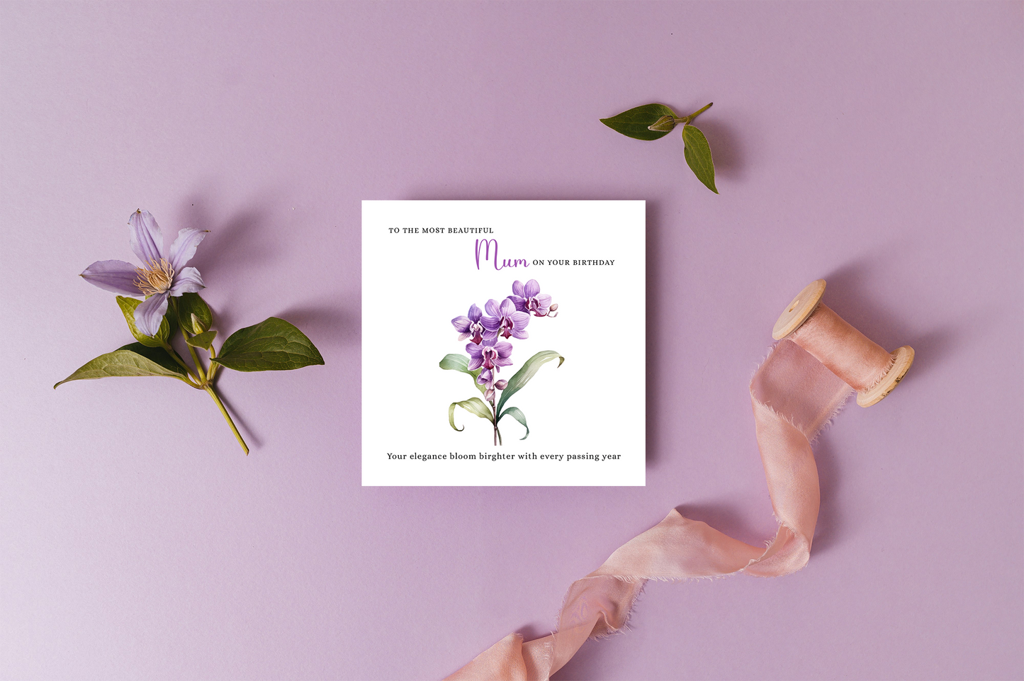 Orchid Floral Birthday Card – Watercolour Flowers for Mum or Mother - Purple Envelope Included
