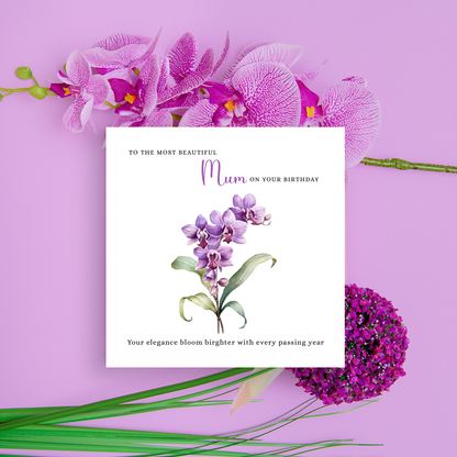 Orchid Floral Birthday Card – Watercolour Flowers for Mum or Mother - Purple Envelope Included