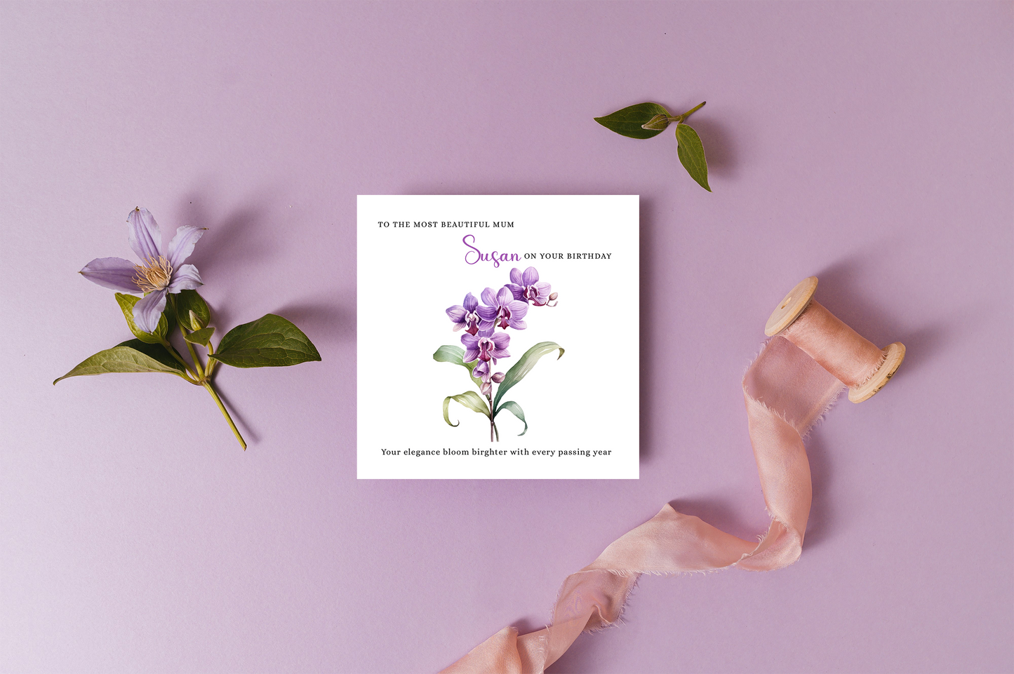 Personalised Mum Birthday Card – Elegant Orchid Flower Design – Custom Name & Message – Handmade Floral Watercolour Card for Mother, Mummy, Mam – Purple Envelope Included