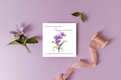 Personalised Mum Birthday Card – Elegant Orchid Flower Design – Custom Name & Message – Handmade Floral Watercolour Card for Mother, Mummy, Mam – Purple Envelope Included