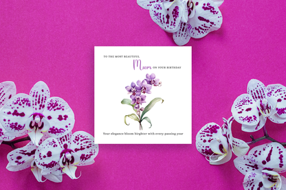 Orchid Floral Birthday Card – Watercolour Flowers for Mum or Mother - Purple Envelope Included