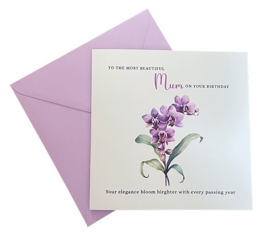 Orchid Floral Birthday Card – Watercolour Flowers for Mum or Mother - Purple Envelope Included