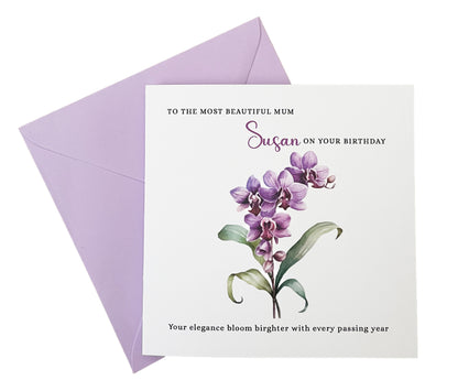 Personalised Mum Birthday Card – Elegant Orchid Flower Design – Custom Name & Message – Handmade Floral Watercolour Card for Mother, Mummy, Mam – Purple Envelope Included