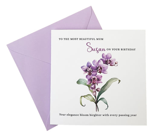 Personalised Mum Birthday Card – Elegant Orchid Flower Design – Custom Name & Message – Handmade Floral Watercolour Card for Mother, Mummy, Mam – Purple Envelope Included