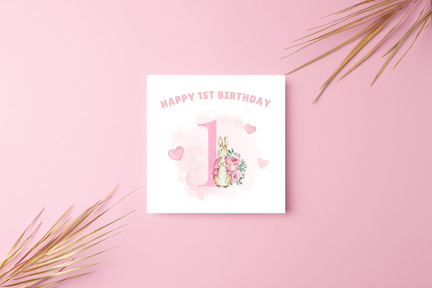 Pink Rabbit -Watercolour Style 1 Year Birthday Folded Card for Girls,  One- Year Old Happy 1st Birthday Card,  Birthday Card for Children