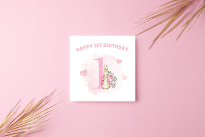 Pink Rabbit -Watercolour Style 1 Year Birthday Folded Card for Girls,  One- Year Old Happy 1st Birthday Card,  Birthday Card for Children