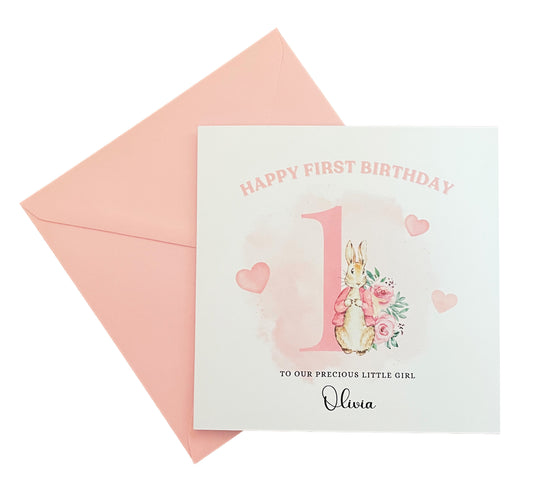 Pink Rabbit -Personalised Watercolour Effect 1 Year Birthday Folded Card for Girls, Custom Name and Message One- Year Old Happy 1st Birthday Card, Customisable Birthday Card for Children
