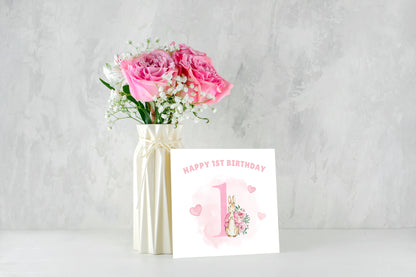 Pink Rabbit -Watercolour Style 1 Year Birthday Folded Card for Girls,  One- Year Old Happy 1st Birthday Card,  Birthday Card for Children