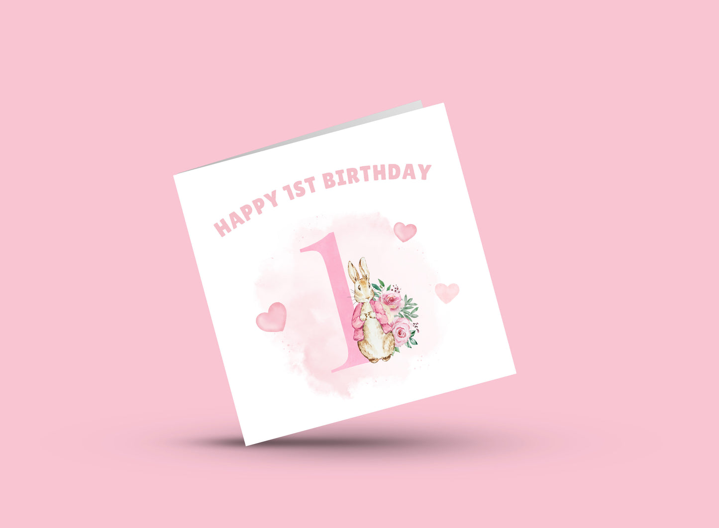 Pink Rabbit -Watercolour Style 1 Year Birthday Folded Card for Girls,  One- Year Old Happy 1st Birthday Card,  Birthday Card for Children