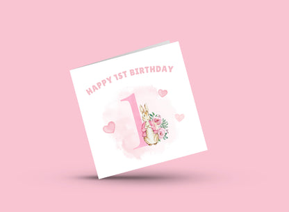 Pink Rabbit -Watercolour Style 1 Year Birthday Folded Card for Girls,  One- Year Old Happy 1st Birthday Card,  Birthday Card for Children