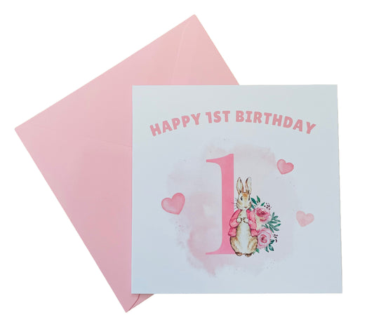 Pink Rabbit -Watercolour Style 1 Year Birthday Folded Card for Girls,  One- Year Old Happy 1st Birthday Card,  Birthday Card for Children