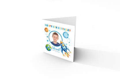 Personalised Photo 6th Birthday Card for Boys – Space-Themed Design with Custom Name and Message, Age 6 Years Old Birthday Card for Kids, Children, Boy, Son, Grandson, Nephew – Blue Envelope Included
