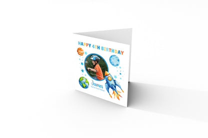 Personalised Photo 4th Birthday Card for Boys – Space-Themed Design with Custom Name and Message, Age 4 Years Old Birthday Card for Kids, Children, Boy, Son, Grandson, Nephew – Blue Envelope Included