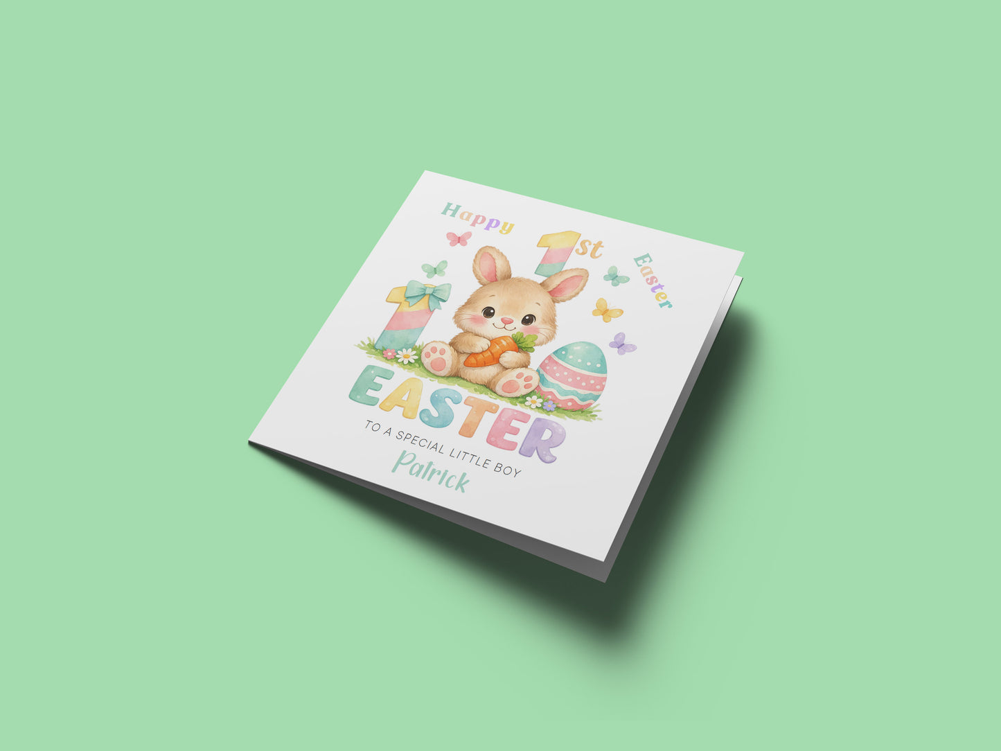 Personalised 1st Happy Easter Card for Baby Girl, Baby Boy with Custom Name and Message - Bunny  Design - Rabbit First Easter Card for Grandkids, Nephew, Niece, Kids, Little One with Green Envelope